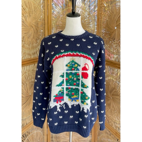 Vintage Best American Clothing Co. Blue Knit Christmas Tree Sweater Small - Picture 1 of 6